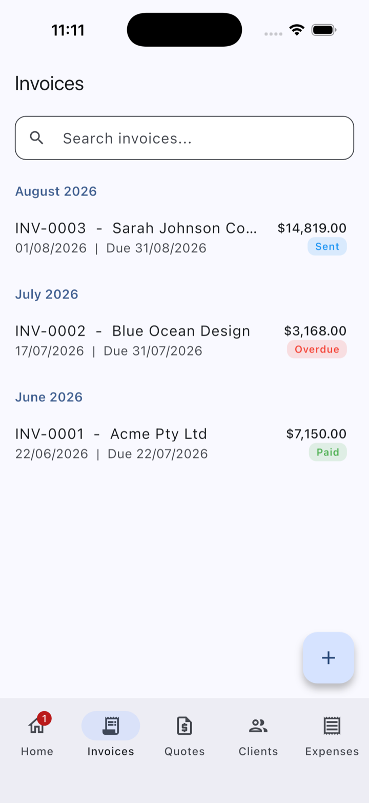 Invoice list grouped by month with Sent, Overdue and Paid status badges