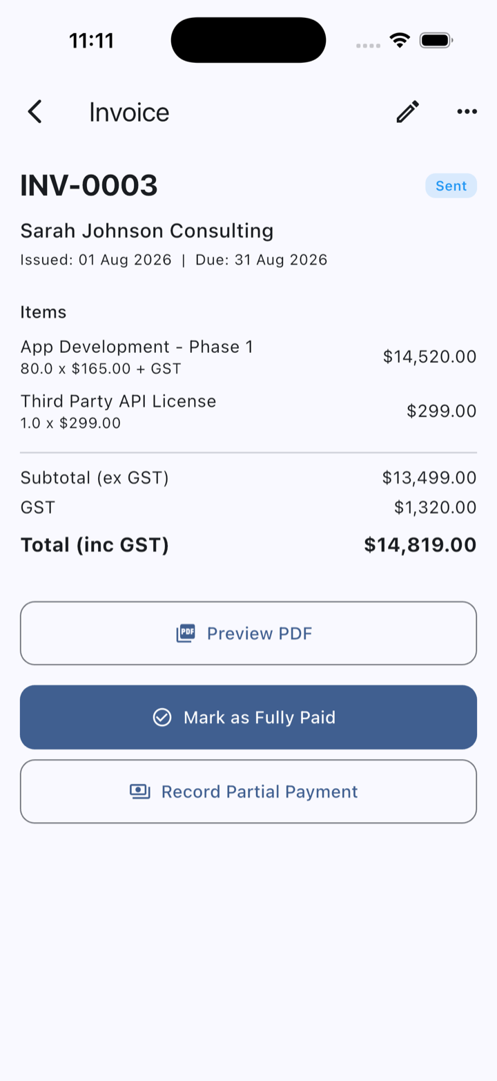 Invoice detail with line items, subtotal ex GST, GST and total inc GST, plus Preview PDF