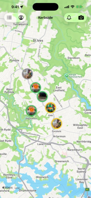 Kerbie map of Sydney's North Shore with photo pins of kerbside finds, ringed by freshness colour