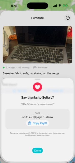 Say-thanks page showing the poster's PayID after a pick-up