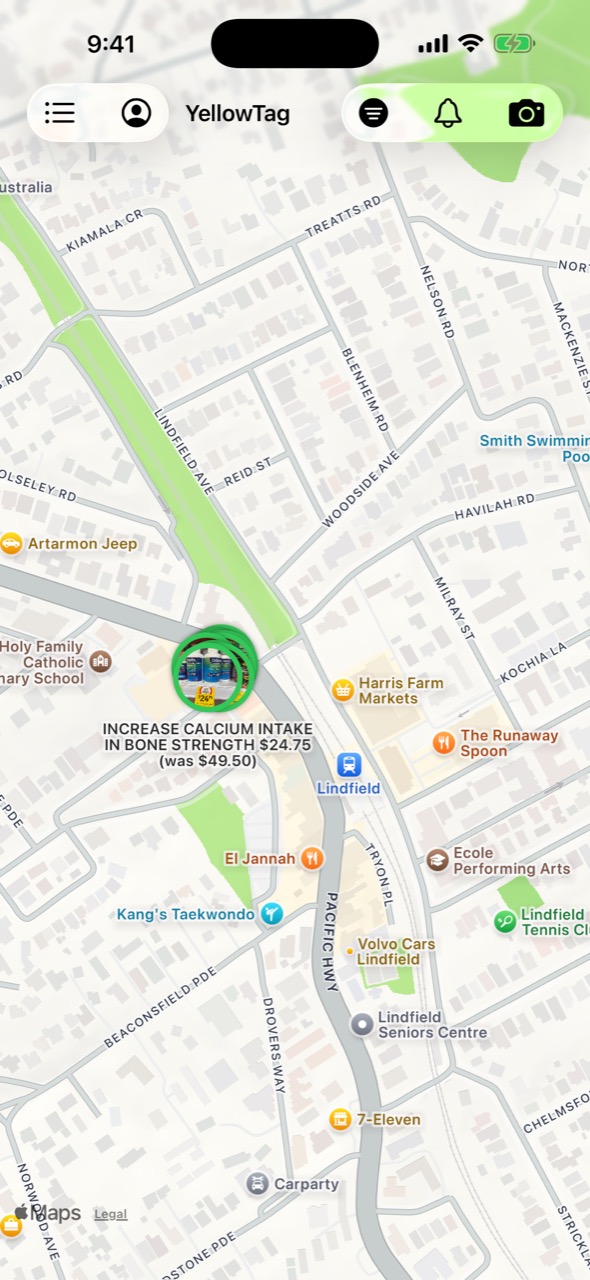 YellowTag map with photo pins of marked-down products at Sydney stores