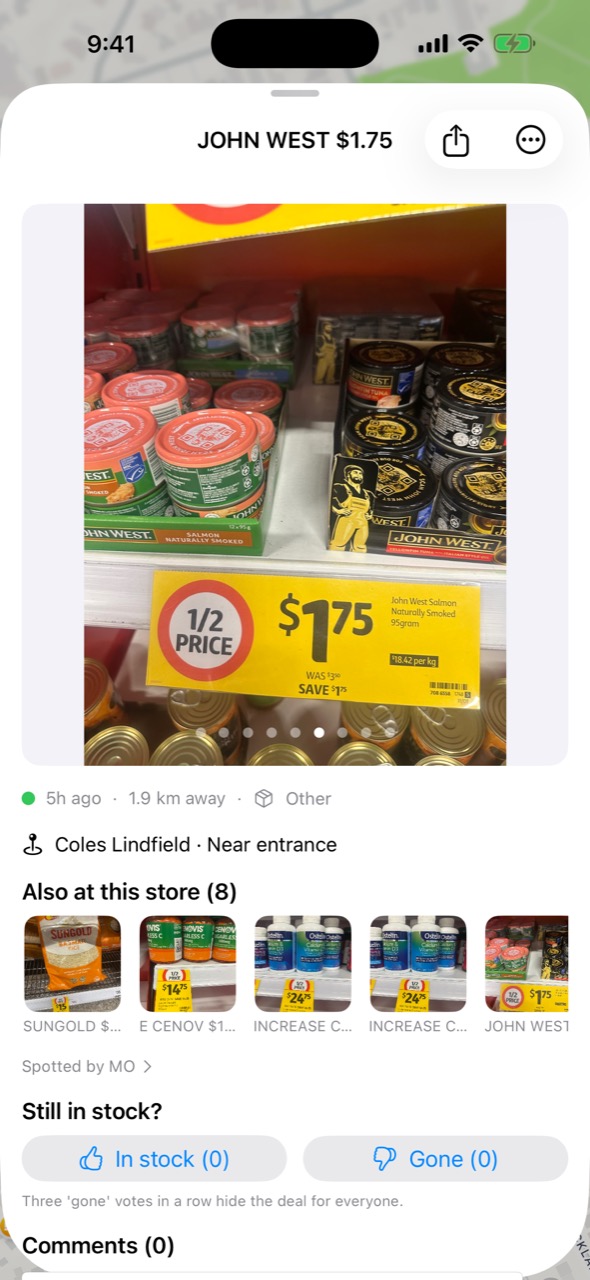 Deal card with the tag photo, store, aisle, votes and comments