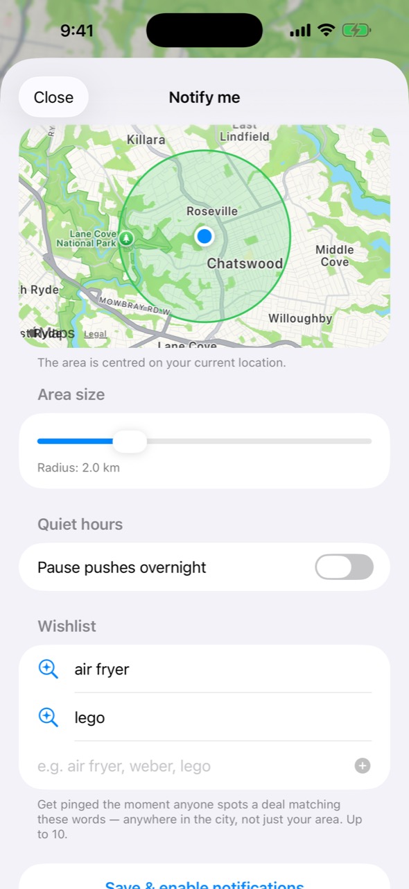 Notify-me screen with area circle and wishlist keywords